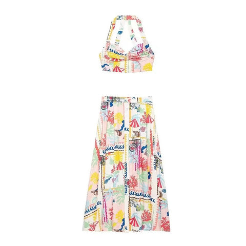 Sexy Printed Halter Sleeveless Backless Crop Top Single Breasted Split Skirt Set CODE: KAR3117