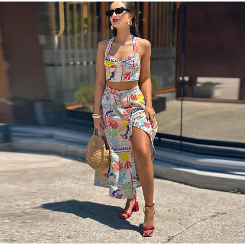 Sexy Printed Halter Sleeveless Backless Crop Top Single Breasted Split Skirt Set CODE: KAR3117
