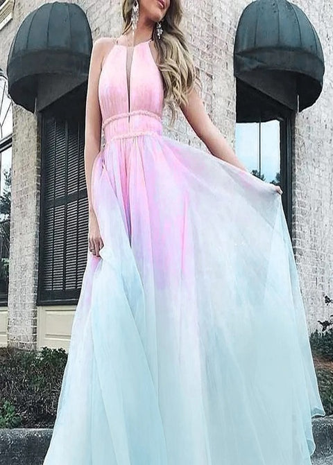 Sexy Backless Zipper Strap Prom Gradient Sleeveless Ceremonial Dress CODE: KAR3118
