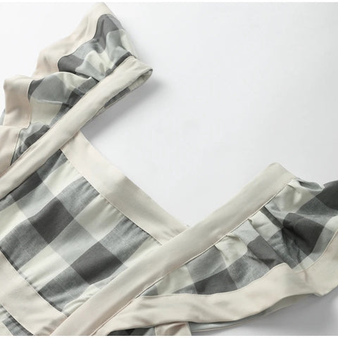 Elegant Flying Sleeve Square Neck Stitching Slim Contrast Striped Dress CODE: KAR3123