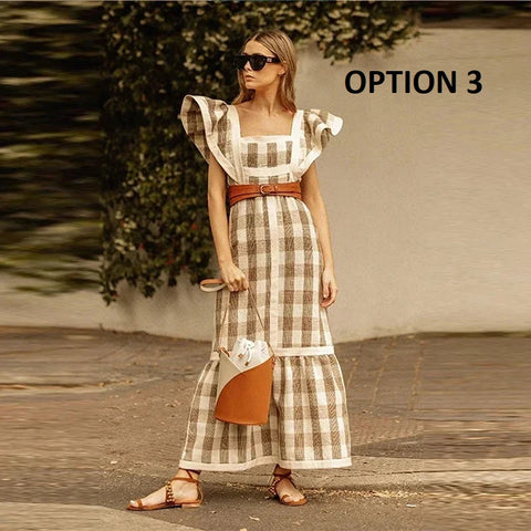Elegant Flying Sleeve Square Neck Stitching Slim Contrast Striped Dress CODE: KAR3123