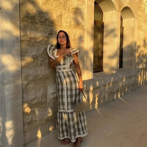 Elegant Flying Sleeve Square Neck Stitching Slim Contrast Striped Dress CODE: KAR3123