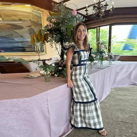 Elegant Flying Sleeve Square Neck Stitching Slim Contrast Striped Dress CODE: KAR3123