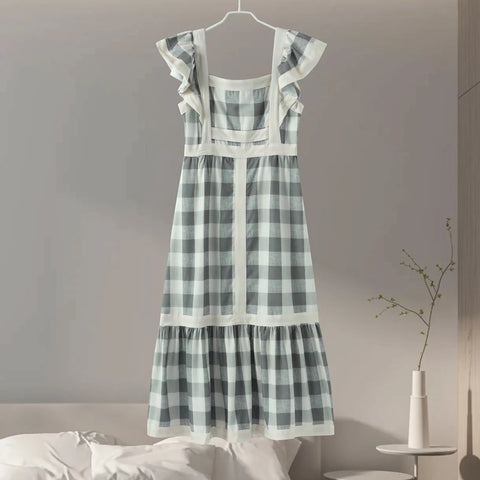 Elegant Flying Sleeve Square Neck Stitching Slim Contrast Striped Dress CODE: KAR3123