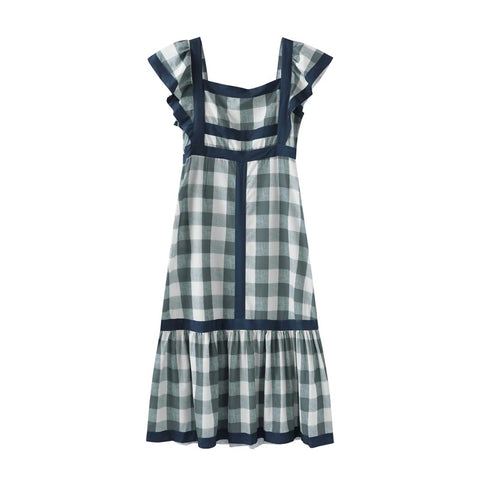 Elegant Flying Sleeve Square Neck Stitching Slim Contrast Striped Dress CODE: KAR3123
