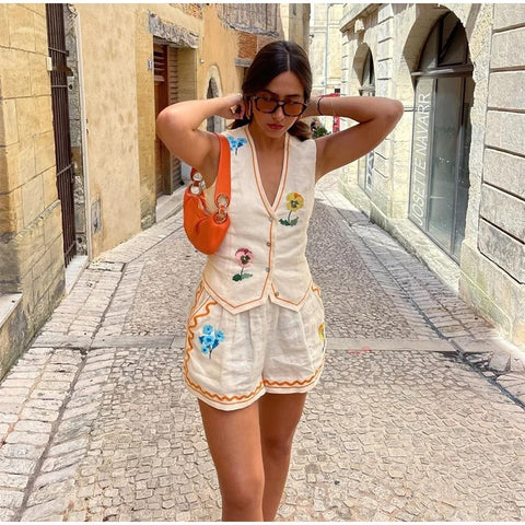 New Flower Embroidery V-neck Vest High Waist Loose Short 2 Piece Set CODE: KAR3128