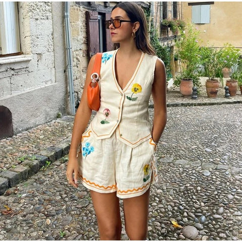 New Flower Embroidery V-neck Vest High Waist Loose Short 2 Piece Set CODE: KAR3128