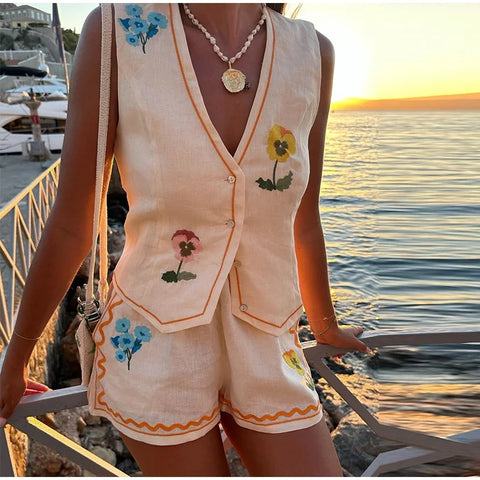 New Flower Embroidery V-neck Vest High Waist Loose Short 2 Piece Set CODE: KAR3128