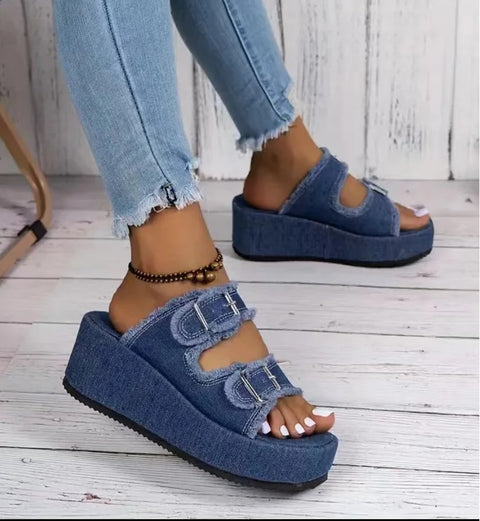 New Non Slip Thick Sole Denim Belt Buckle Wedge Platform Sandals CODE: KAR3134