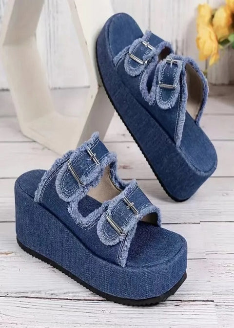 New Non Slip Thick Sole Denim Belt Buckle Wedge Platform Sandals CODE: KAR3134