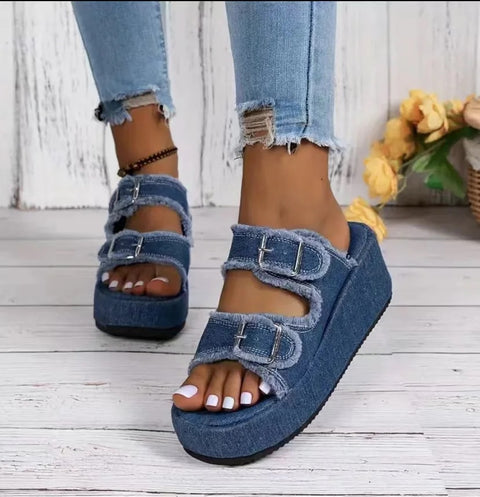 New Non Slip Thick Sole Denim Belt Buckle Wedge Platform Sandals CODE: KAR3134