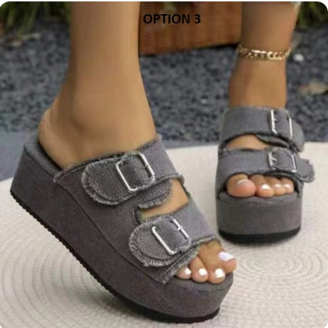 New Non Slip Thick Sole Denim Belt Buckle Wedge Platform Sandals CODE: KAR3134