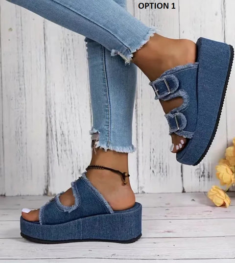 New Non Slip Thick Sole Denim Belt Buckle Wedge Platform Sandals CODE: KAR3134
