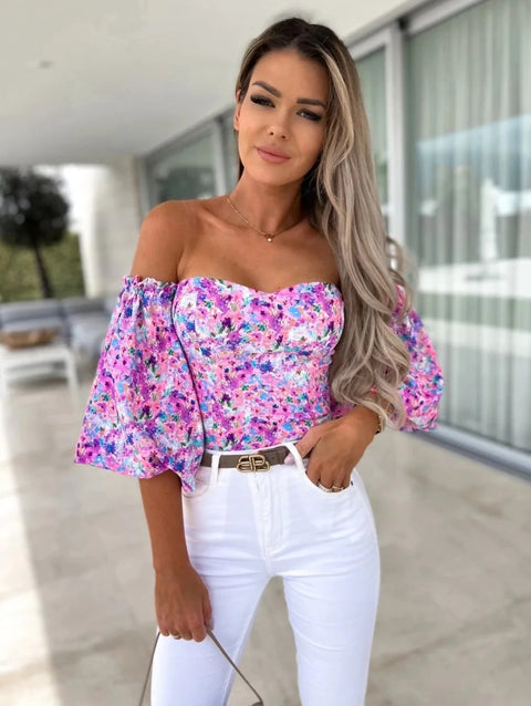 Summer Backless Off Shoulder Long Sleeve Print Crop Top CODE: KAR3137