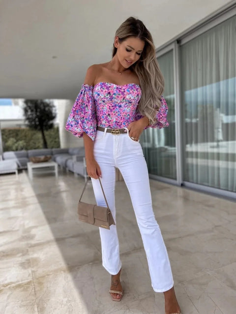 Summer Backless Off Shoulder Long Sleeve Print Crop Top CODE: KAR3137