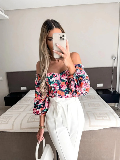 Summer Backless Off Shoulder Long Sleeve Print Crop Top CODE: KAR3137