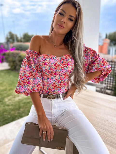 Summer Backless Off Shoulder Long Sleeve Print Crop Top CODE: KAR3137