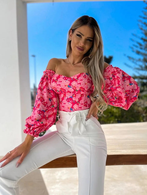 Summer Backless Off Shoulder Long Sleeve Print Crop Top CODE: KAR3137