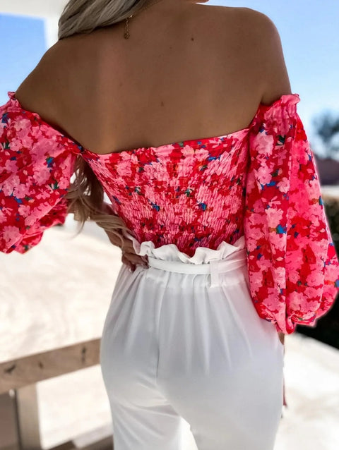 Summer Backless Off Shoulder Long Sleeve Print Crop Top CODE: KAR3137