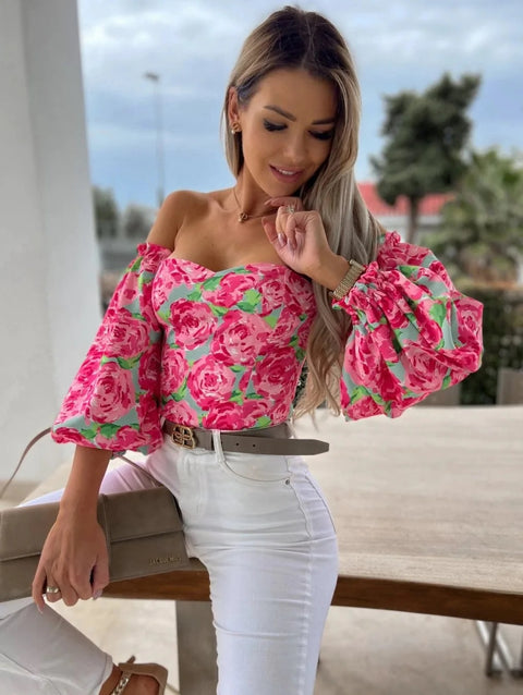 Summer Backless Off Shoulder Long Sleeve Print Crop Top CODE: KAR3137