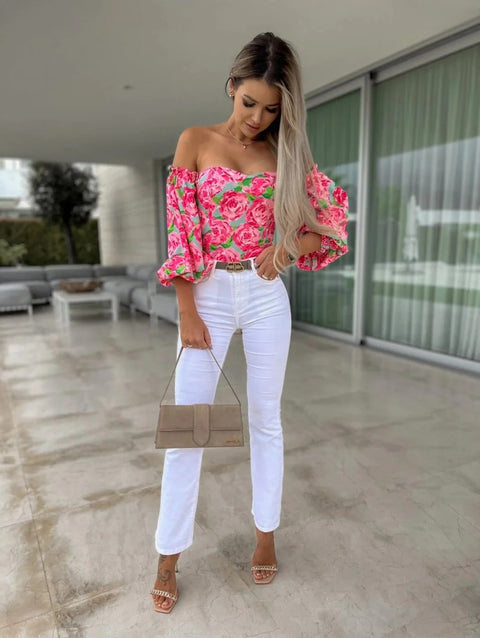 Summer Backless Off Shoulder Long Sleeve Print Crop Top CODE: KAR3137