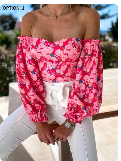 Summer Backless Off Shoulder Long Sleeve Print Crop Top CODE: KAR3137