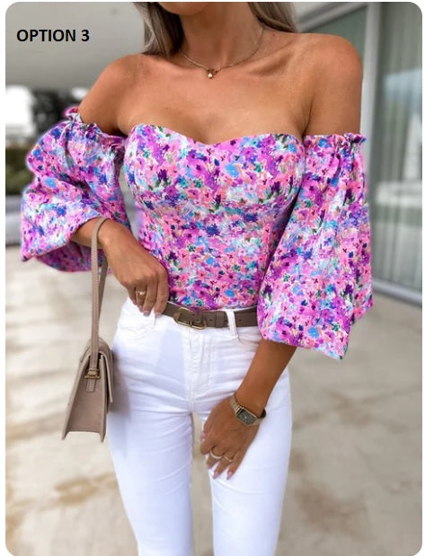 Summer Backless Off Shoulder Long Sleeve Print Crop Top CODE: KAR3137
