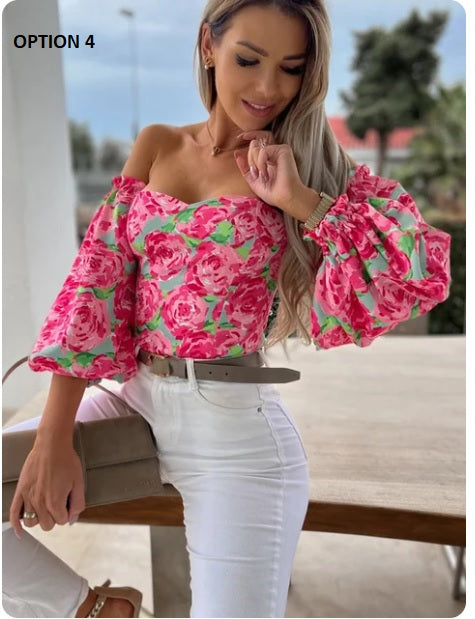 Summer Backless Off Shoulder Long Sleeve Print Crop Top CODE: KAR3137