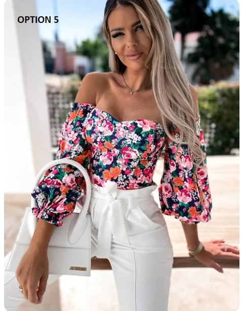 Summer Backless Off Shoulder Long Sleeve Print Crop Top CODE: KAR3137
