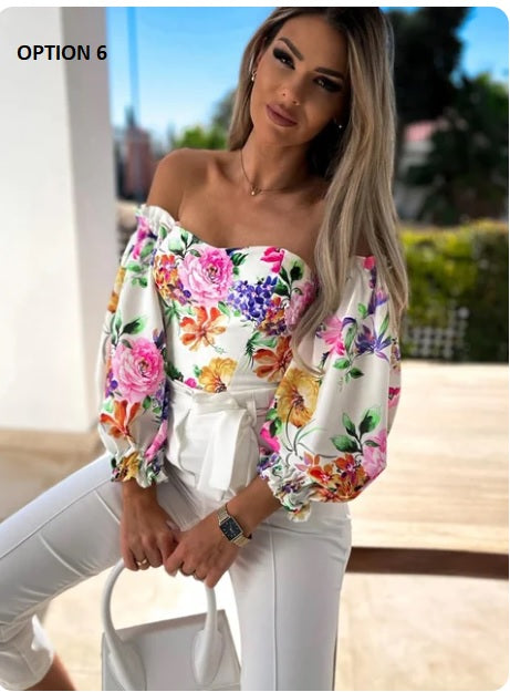 Summer Backless Off Shoulder Long Sleeve Print Crop Top CODE: KAR3137