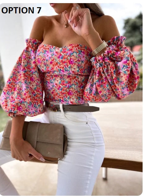 Summer Backless Off Shoulder Long Sleeve Print Crop Top CODE: KAR3137