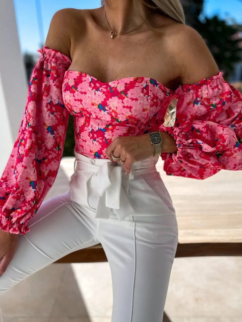 Summer Backless Off Shoulder Long Sleeve Print Crop Top CODE: KAR3137