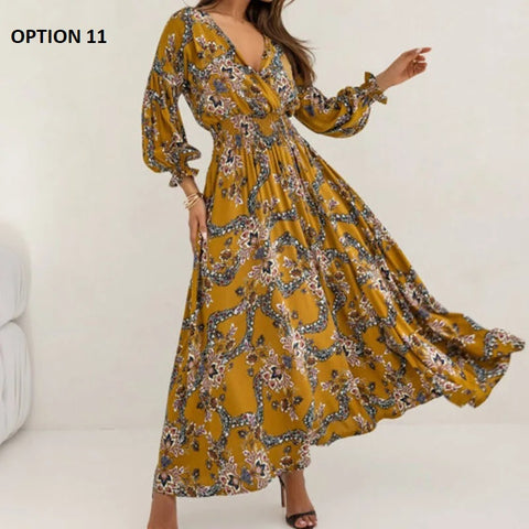 Summer Long Sleeved Pattern Printed High Waist Robe Dress CODE: KAR3138