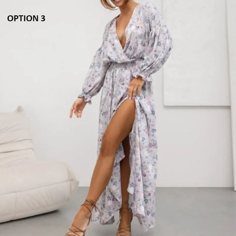 Summer Long Sleeved Pattern Printed High Waist Robe Dress CODE: KAR3138