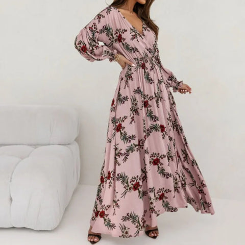Summer Long Sleeved Pattern Printed High Waist Robe Dress CODE: KAR3138