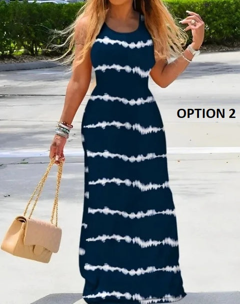 Summer Latest Printed Round Neck Sleeveless Slim Fit Long Elegant Dress CODE: KAR3139