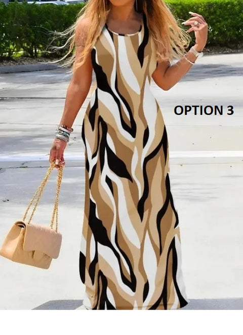 Summer Latest Printed Round Neck Sleeveless Slim Fit Long Elegant Dress CODE: KAR3139