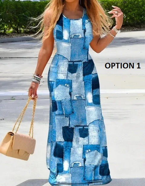 Summer Latest Printed Round Neck Sleeveless Slim Fit Long Elegant Dress CODE: KAR3139