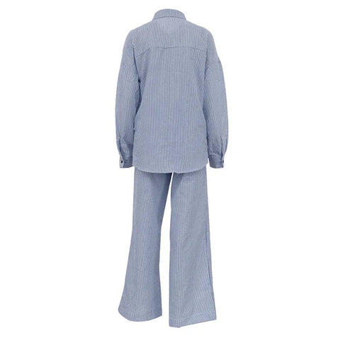 Summer Striped Contrast Color Casual Patchwork Shirt Pant 2-piece set CODE: KAR3153