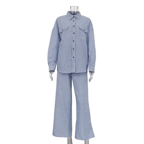Summer Striped Contrast Color Casual Patchwork Shirt Pant 2-piece set CODE: KAR3153