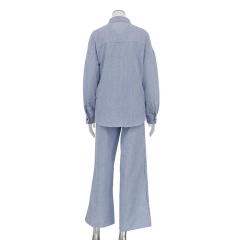 Summer Striped Contrast Color Casual Patchwork Shirt Pant 2-piece set CODE: KAR3153