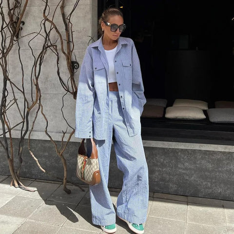 Summer Striped Contrast Color Casual Patchwork Shirt Pant 2-piece set CODE: KAR3153