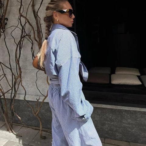 Summer Striped Contrast Color Casual Patchwork Shirt Pant 2-piece set CODE: KAR3153
