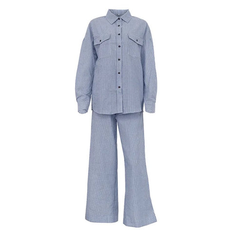 Summer Striped Contrast Color Casual Patchwork Shirt Pant 2-piece set CODE: KAR3153