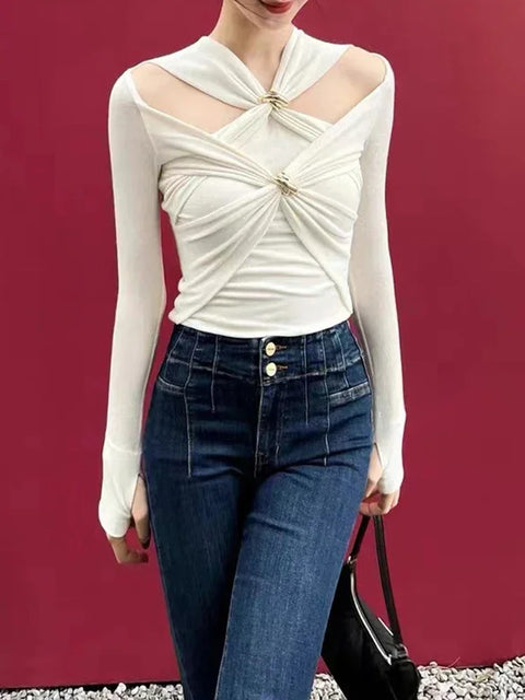 Autumn Designer  Long Sleeves Knot Slim Top CODE: KAR3154
