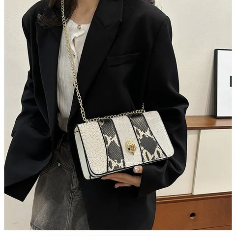New Designer Alligator Pattern Shoulder Retro Chain Lock Crossbody Flap Handbag CODE: KAR3155