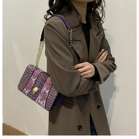 New Designer Alligator Pattern Shoulder Retro Chain Lock Crossbody Flap Handbag CODE: KAR3155