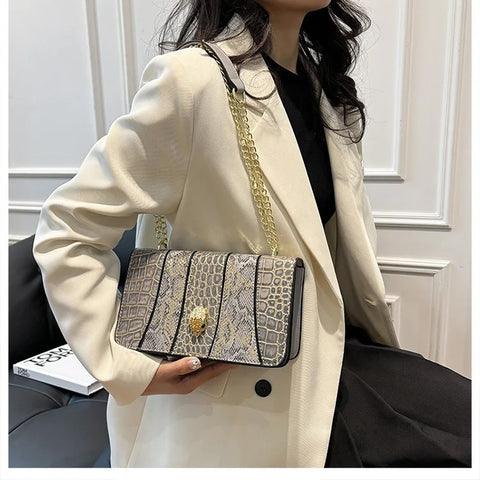 New Designer Alligator Pattern Shoulder Retro Chain Lock Crossbody Flap Handbag CODE: KAR3155