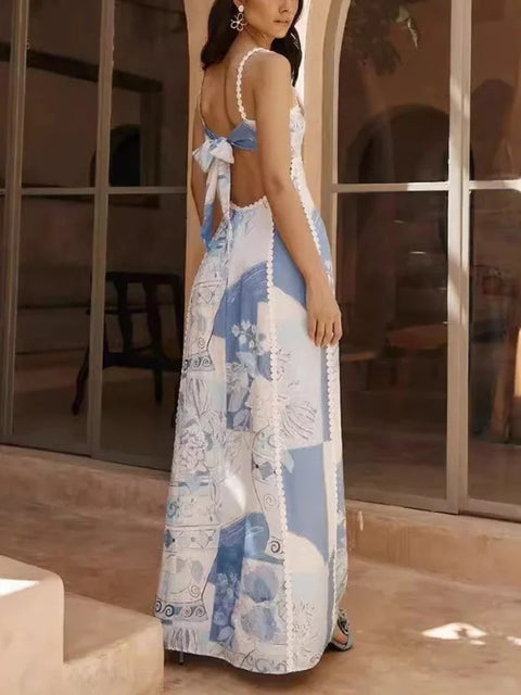 New Ric Rac Trims Unique Print Back Tie Back Slip Flared Maxi Dress CODE: KAR3162