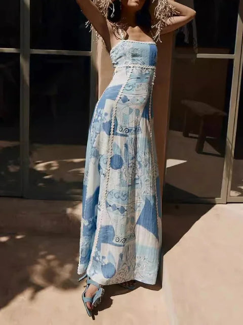 New Ric Rac Trims Unique Print Back Tie Back Slip Flared Maxi Dress CODE: KAR3162